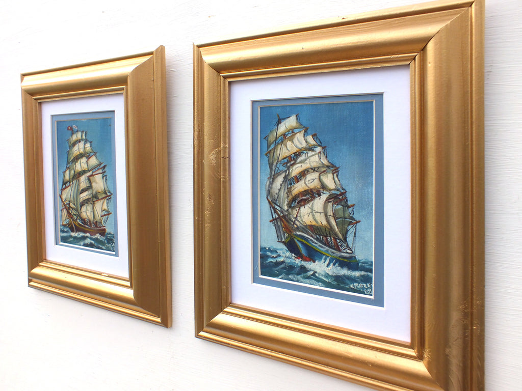 Pair of Oil Paintings Nautical Framed Sailing Ships Ocean Maritime Seascape