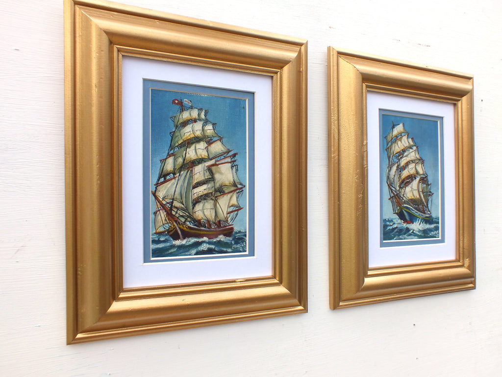 Pair of Oil Paintings Nautical Framed Sailing Ships Ocean Maritime Seascape