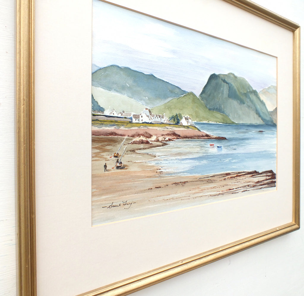English Landscape Beach Painting Sailing Boats Seaside Watercolour Signed Framed