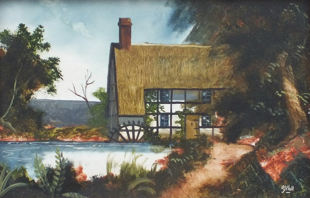 Miniature English Country Landscape Vintage Oil Painting Signed Framed Watermill Pond