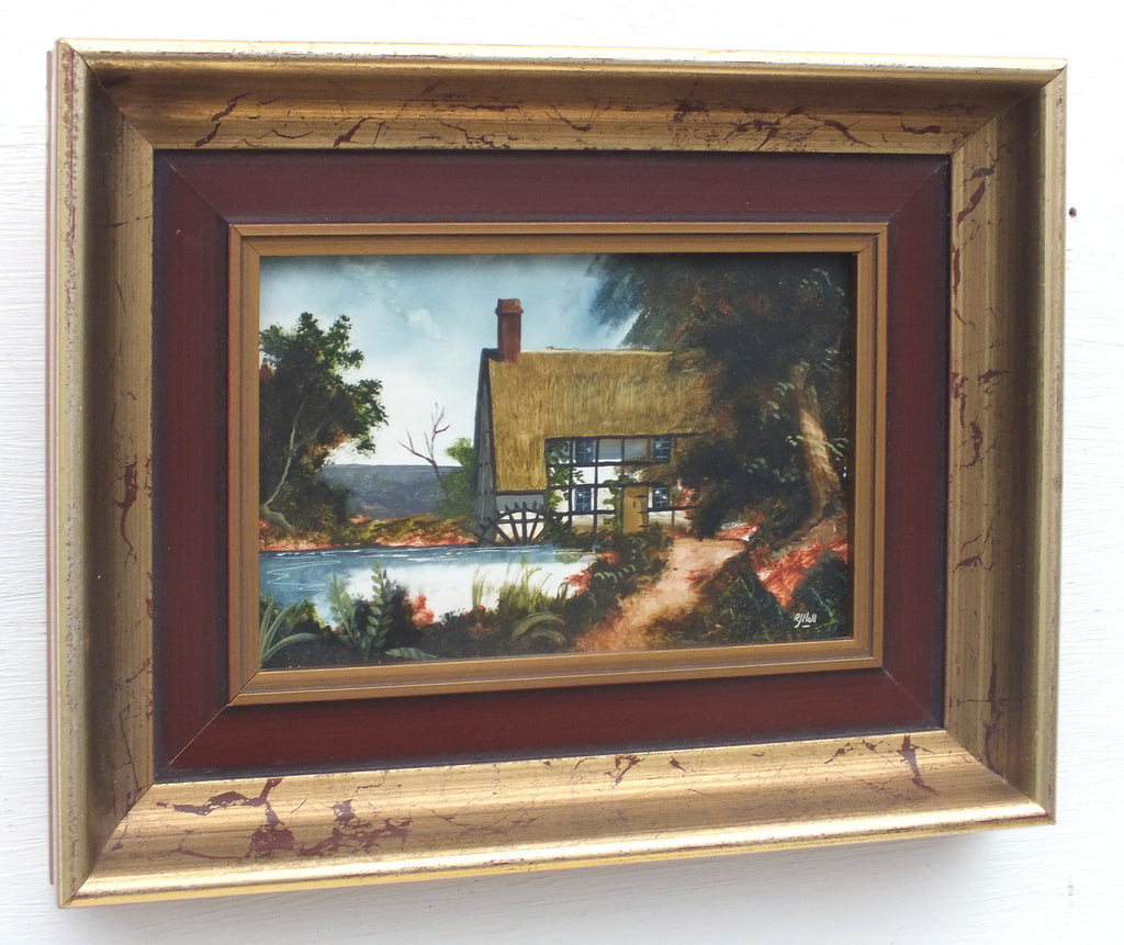 Miniature English Country Landscape Vintage Oil Painting Signed Framed Watermill Pond