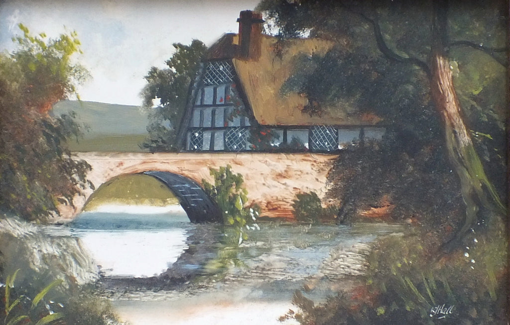 Miniature English Country Landscape River Bridge Vintage Oil Painting Signed Framed