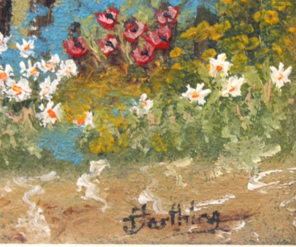 Miniature English Country Garden Landscape Flowers Vintage Oil Painting