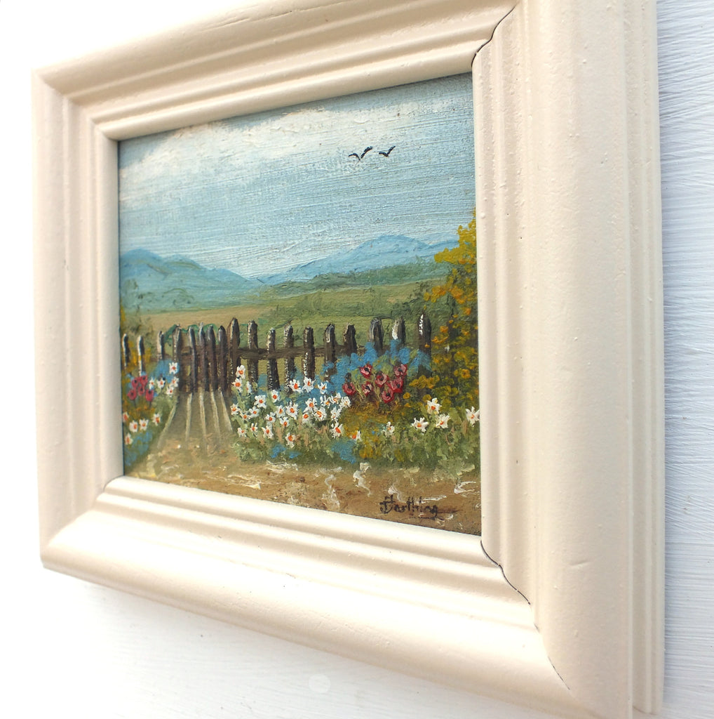 Miniature English Country Garden Landscape Flowers Vintage Oil Painting