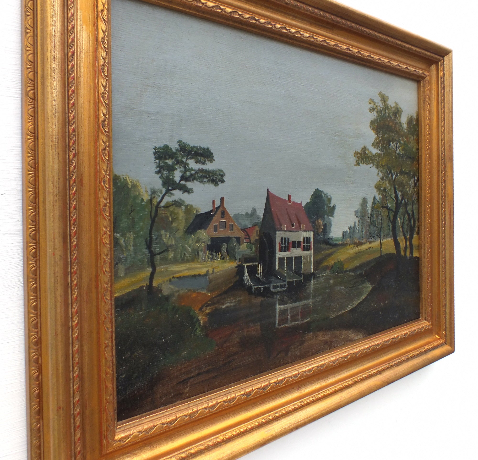 English Landscape Oil Painting Mill Pond Framed Original