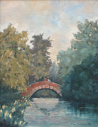 Figures on Bridge Over the River Mid-Century English Forest Landscape