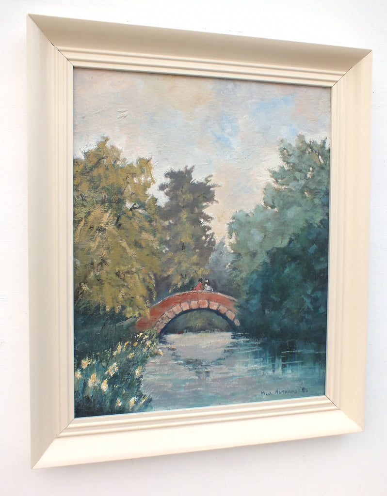 Figures on Bridge Over the River Mid-Century English Forest Landscape