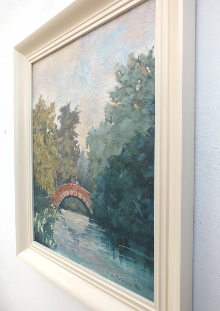 Figures on Bridge Over the River Mid-Century English Forest Landscape