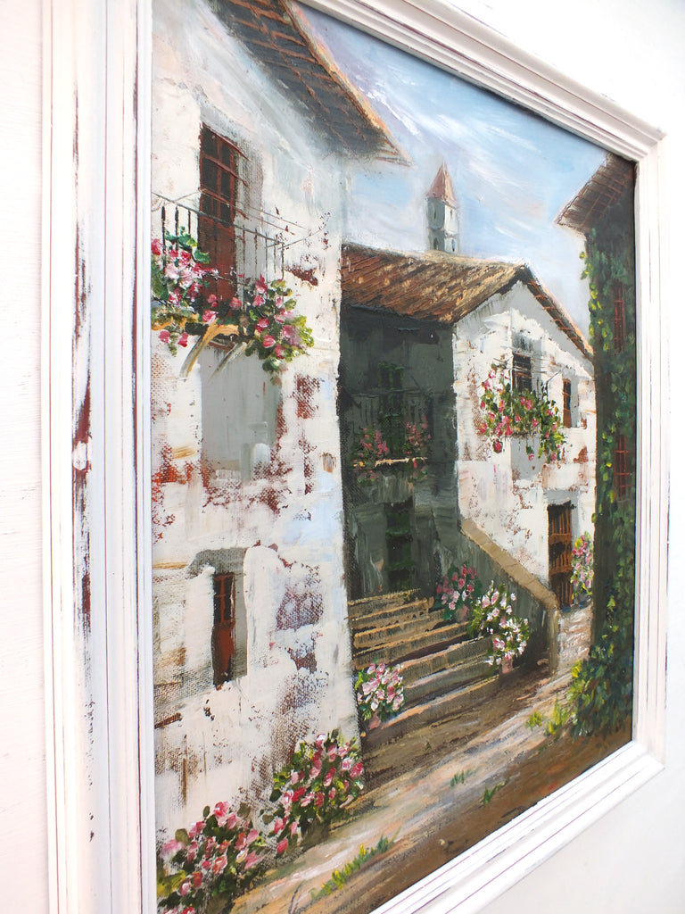 Vintage Oil Painting Spanish Town Landscape Framed