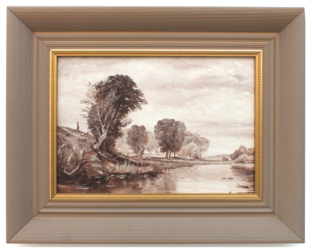 English Landscape Oil Painting River Scene Sheep Farming