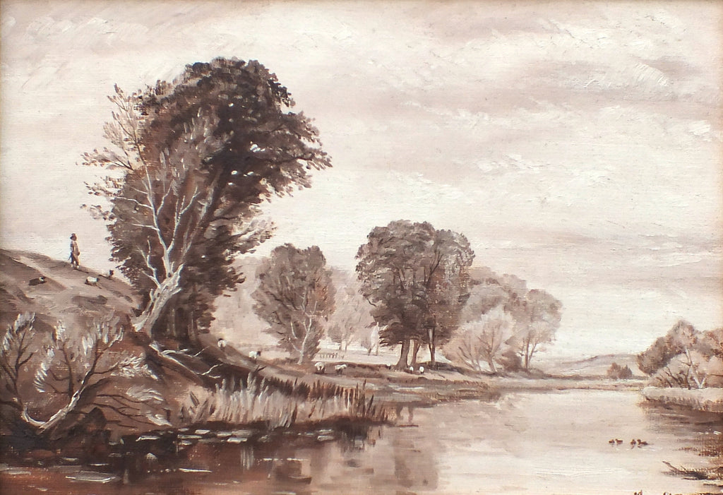 English Landscape Oil Painting River Scene Sheep Farming