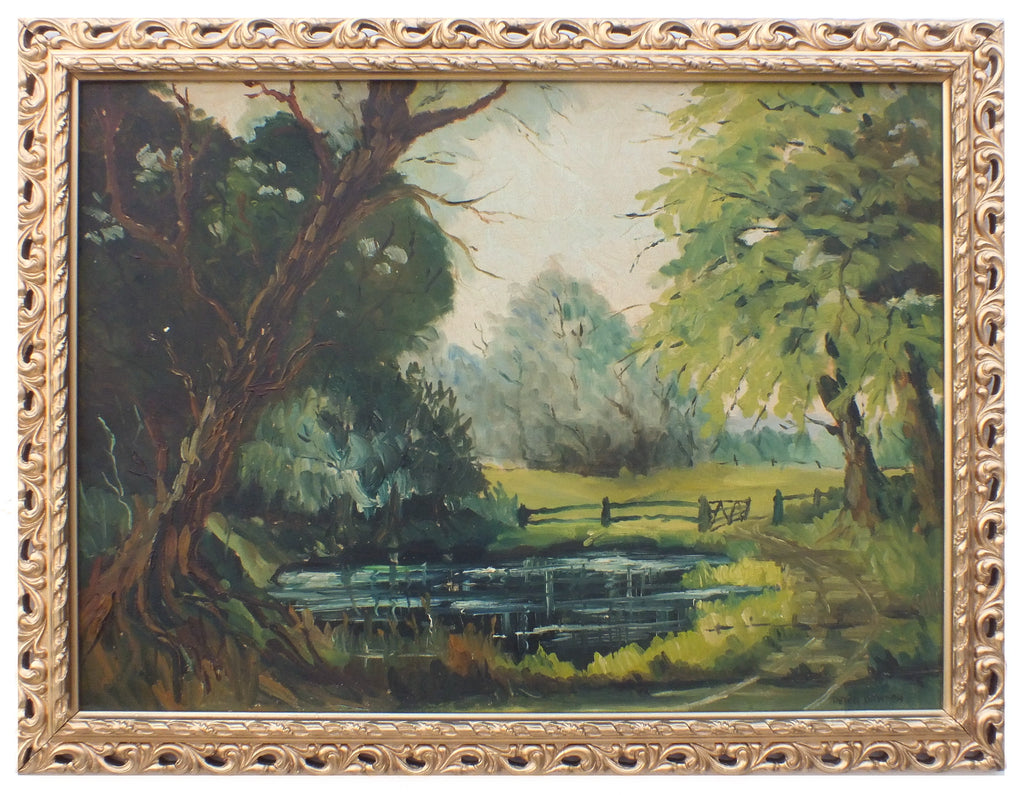 Mid-Century English Forest Landscape Oil Painting Ashby Cum Fenby Pond