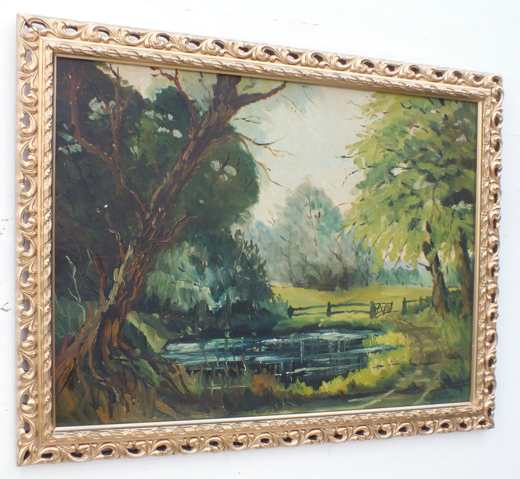 Mid-Century English Forest Landscape Oil Painting Ashby Cum Fenby Pond