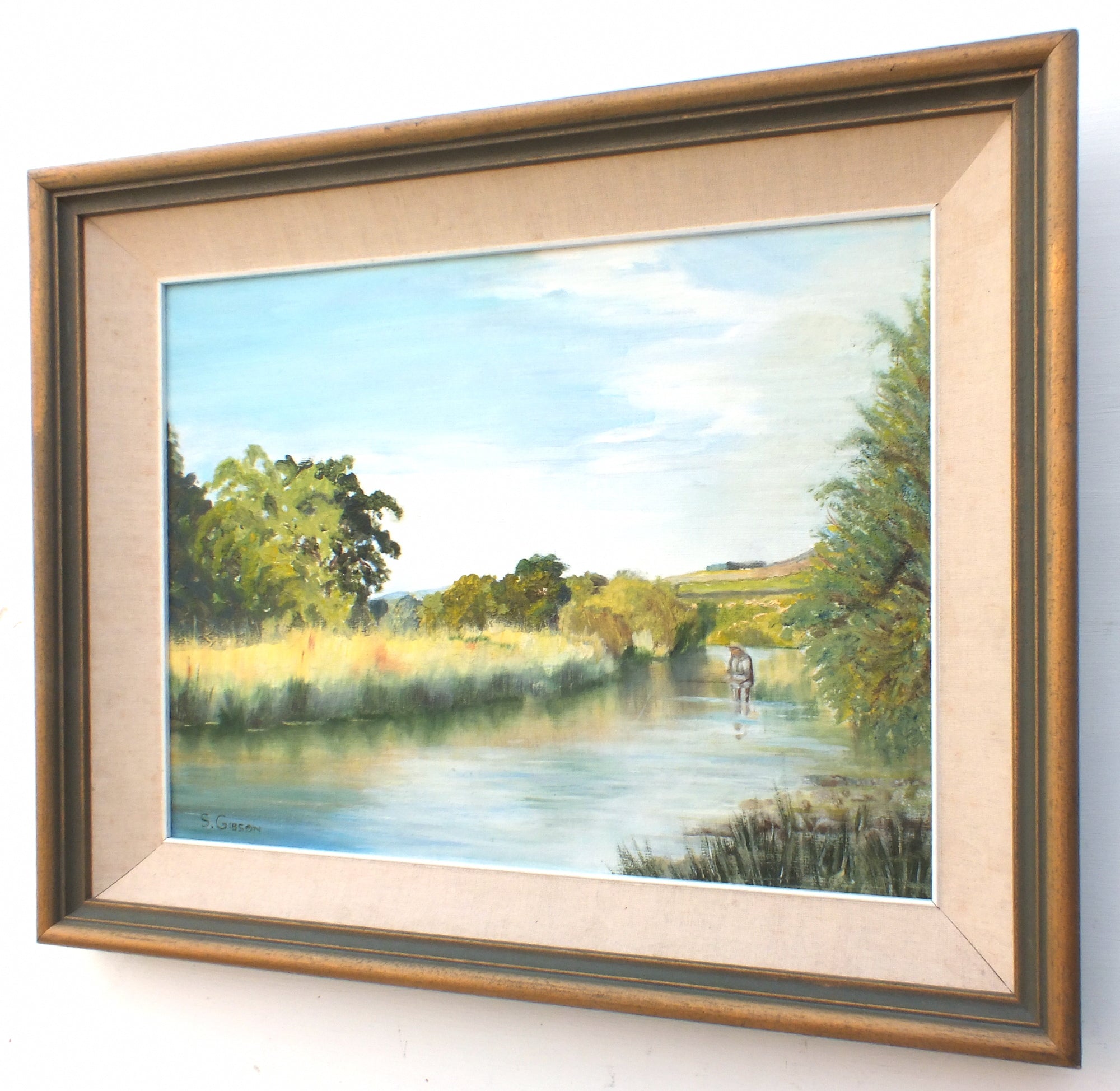 Mid-Century Irish Landscape Oil Painting River Shannon Angling Framed