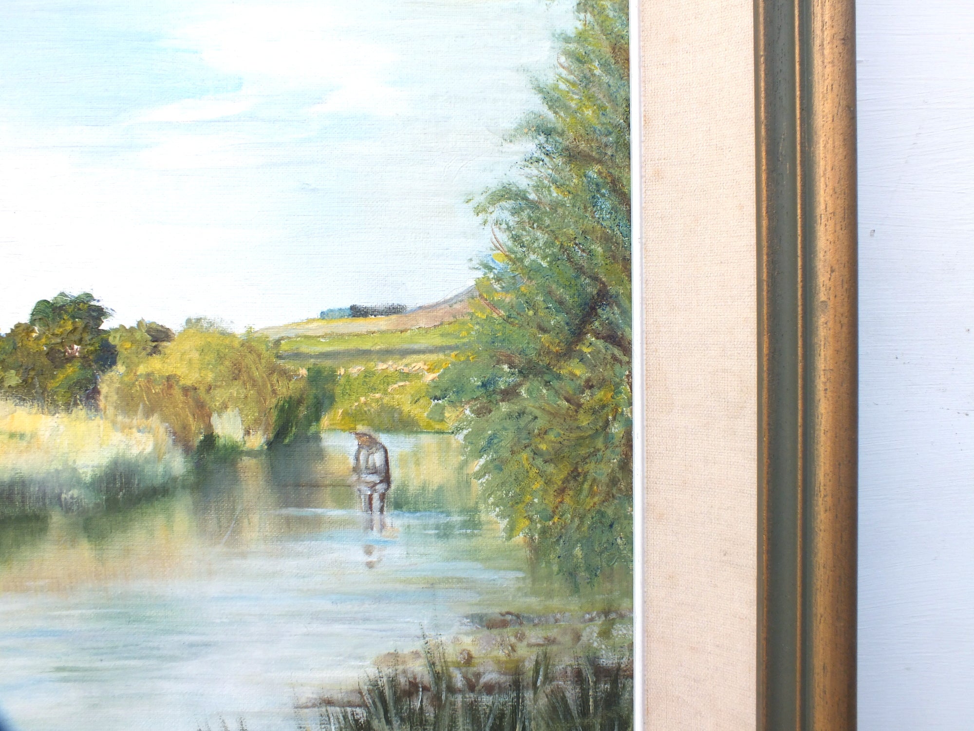 Mid-Century Irish Landscape Oil Painting River Shannon Angling Framed