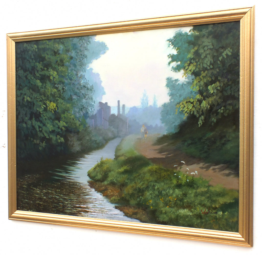 Mid-Century English Landscape Oil Painting Leicestershire Canal