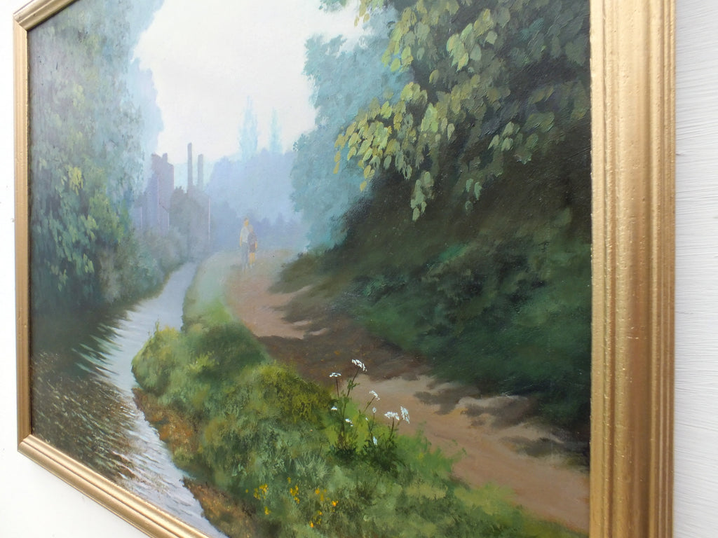 Mid-Century English Landscape Oil Painting Leicestershire Canal