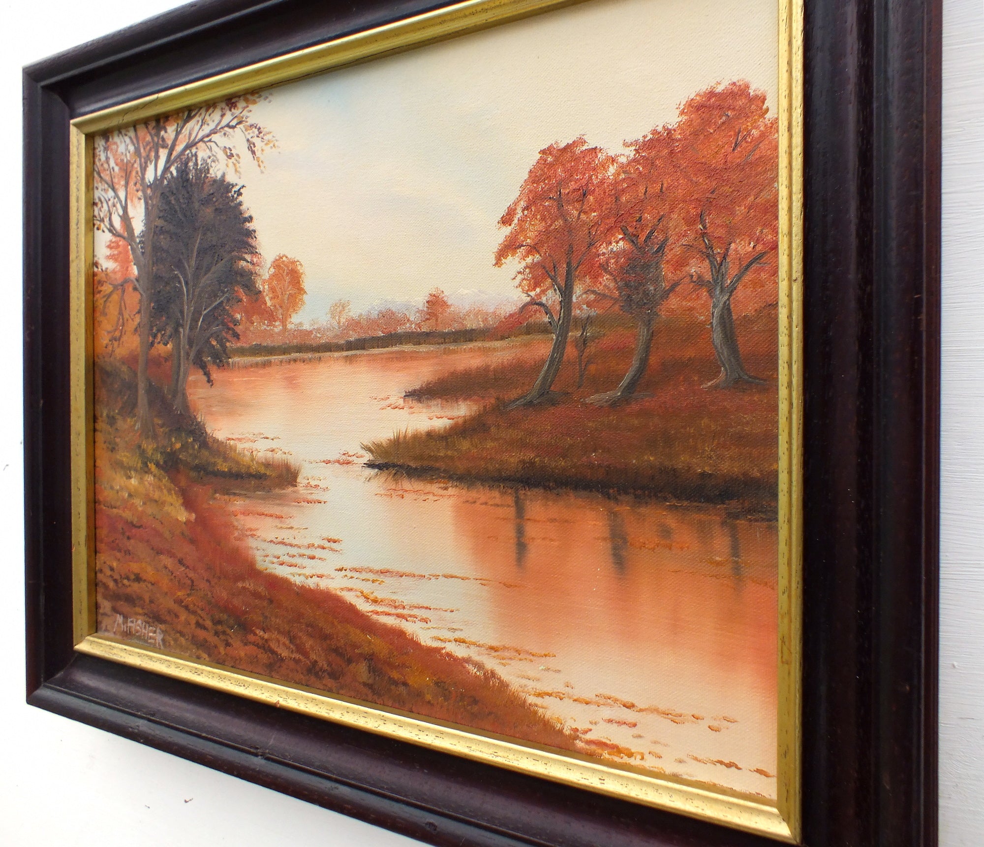 Mid-Century English Landscape Oil Painting River Sunset