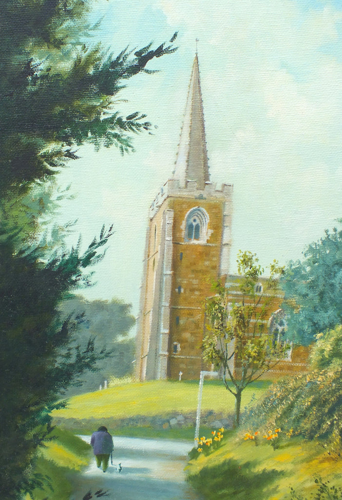 Mid-Century English Landscape Oil Painting Hungarton Church