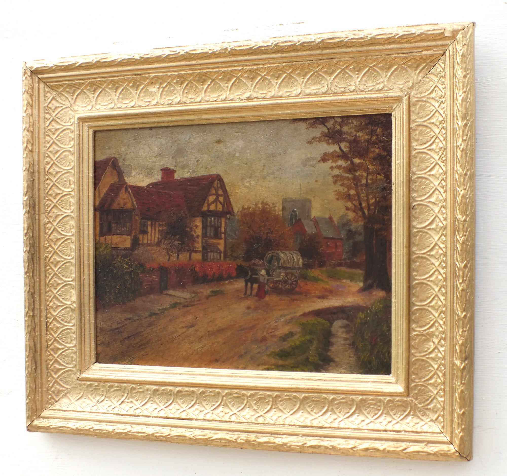 Victorian Oil Painting Antique Street Scene English Village Landscape - GalleryThane.com