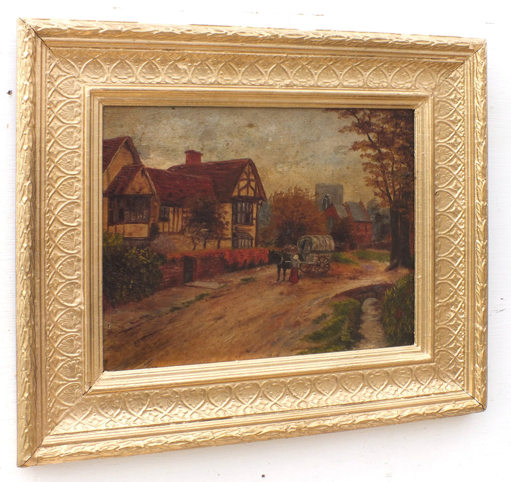 Victorian Oil Painting Antique Street Scene English Village Landscape - GalleryThane.com
