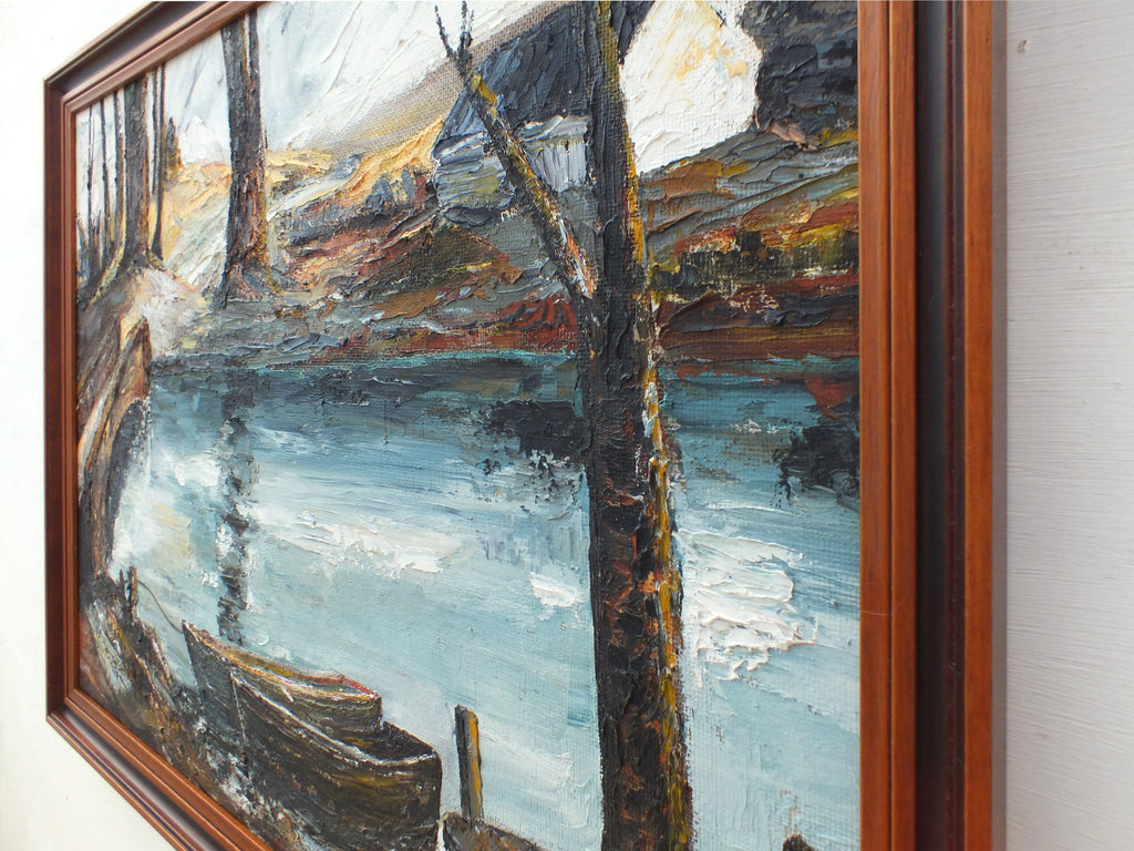 English Landscape Oil Painting Somerset River Boats Framed - GalleryThane.com