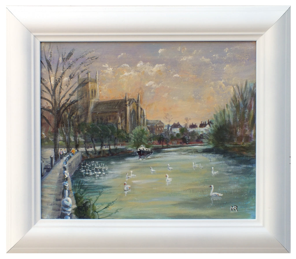 English Country Landscape Oil Painting Signed Framed Worcester Cathedral - GalleryThane.com
