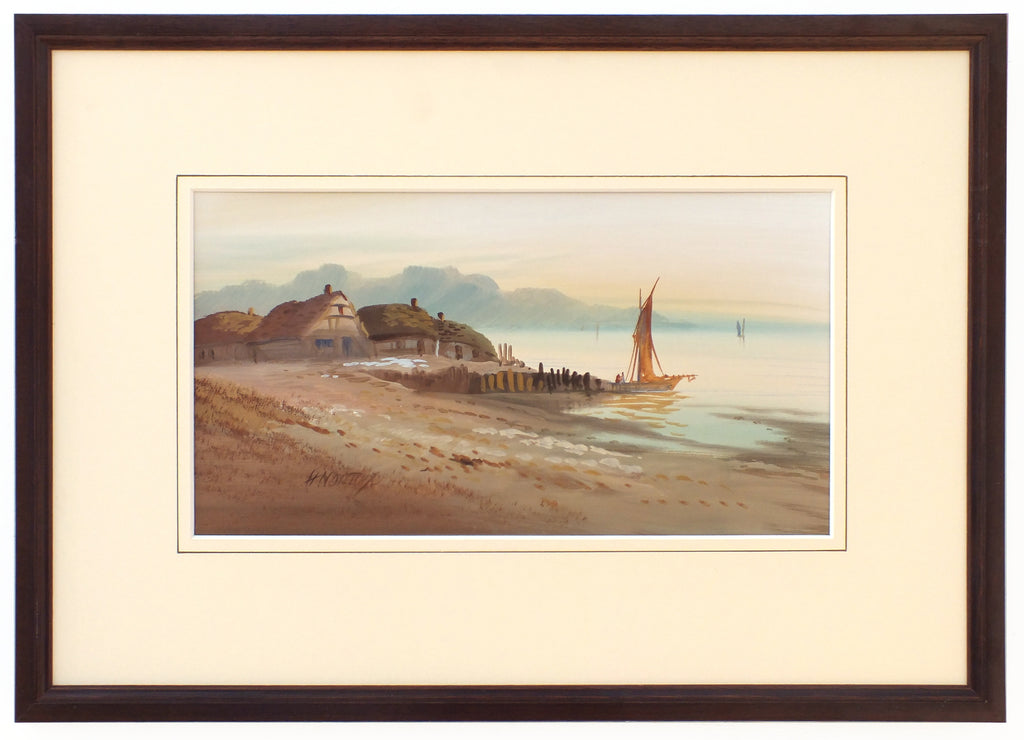 Sunset Landscape Beach Painting Sailing Boats Seaside Gouache Signed Framed