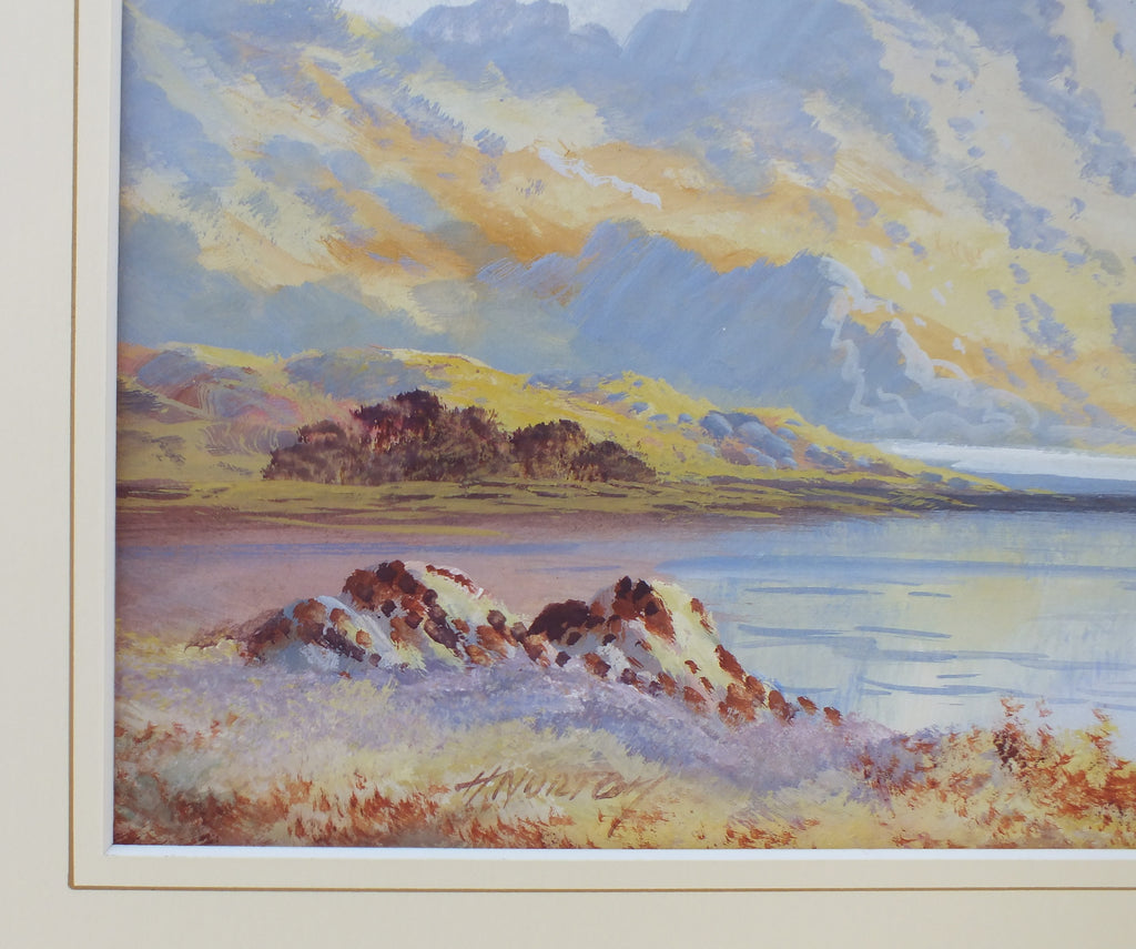 Mountain Landscape Lake Painting Scottish Highlands Gouache Signed Framed