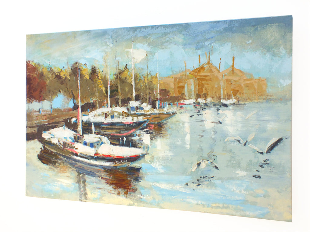 English River Landscape Acrylic Painting Unframed Coastal Sailing Boats - GalleryThane.com