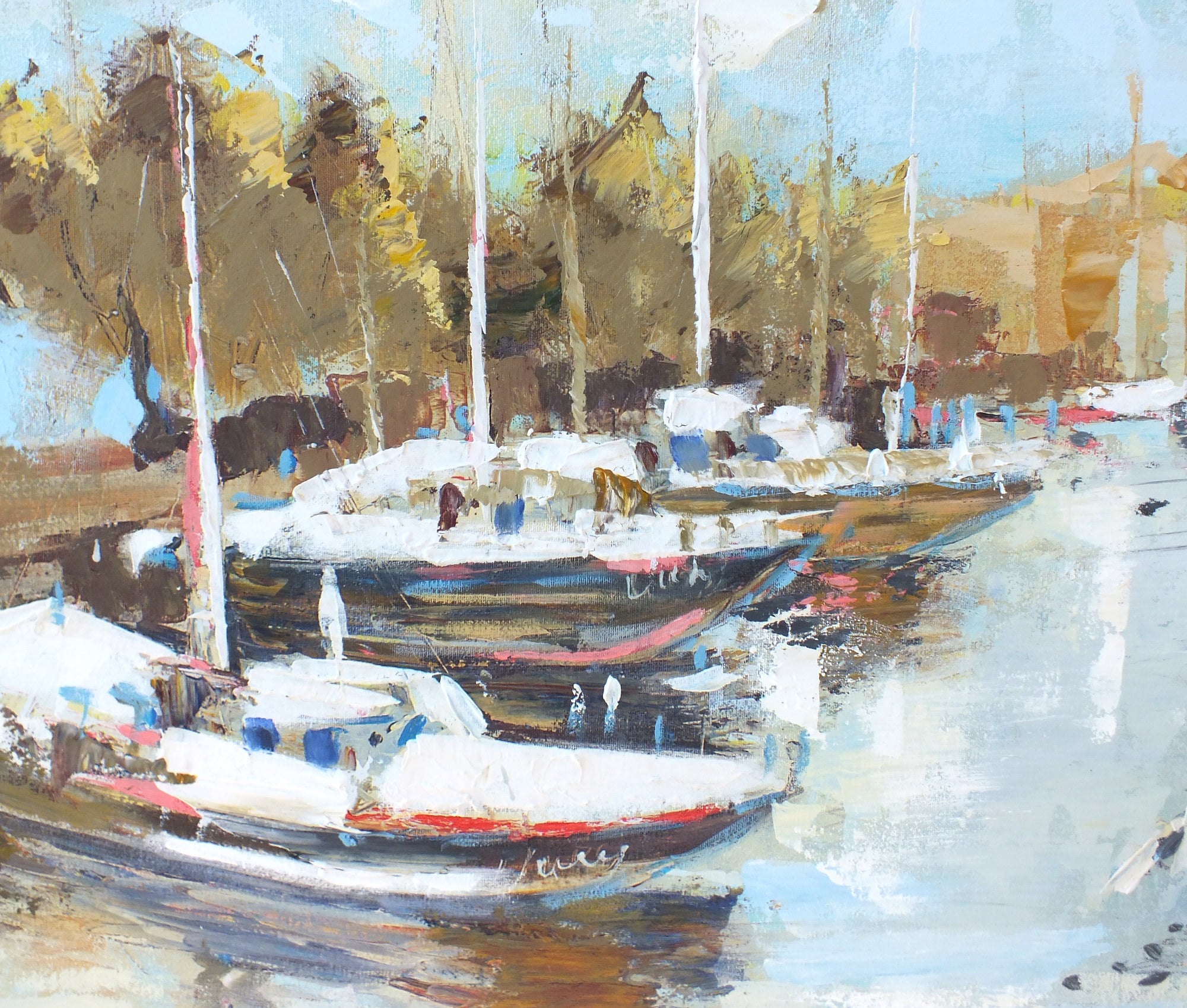 English River Landscape Acrylic Painting Unframed Coastal Sailing Boats - GalleryThane.com