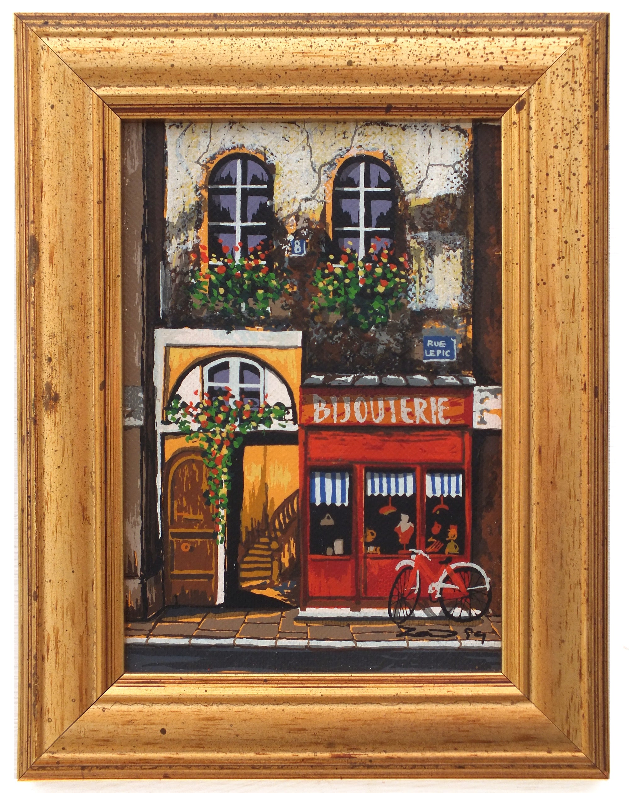 Miniature Paris Street Scene Oil Painting Signed Framed Bijouterie Rue Lepic - GalleryThane.com