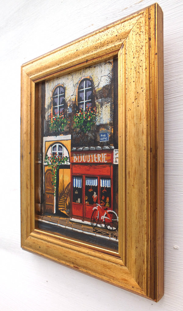 Miniature Paris Street Scene Oil Painting Signed Framed Bijouterie Rue Lepic - GalleryThane.com