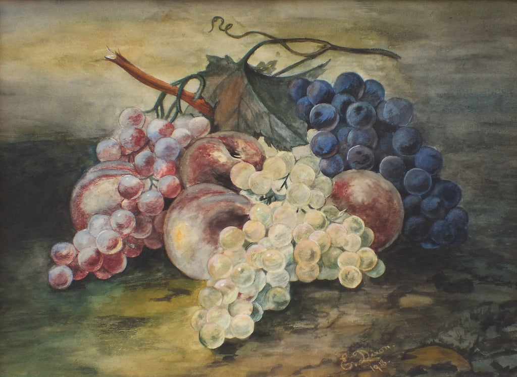 Grapes Peaches Antique Still Life Gouache Painting - GalleryThane.com