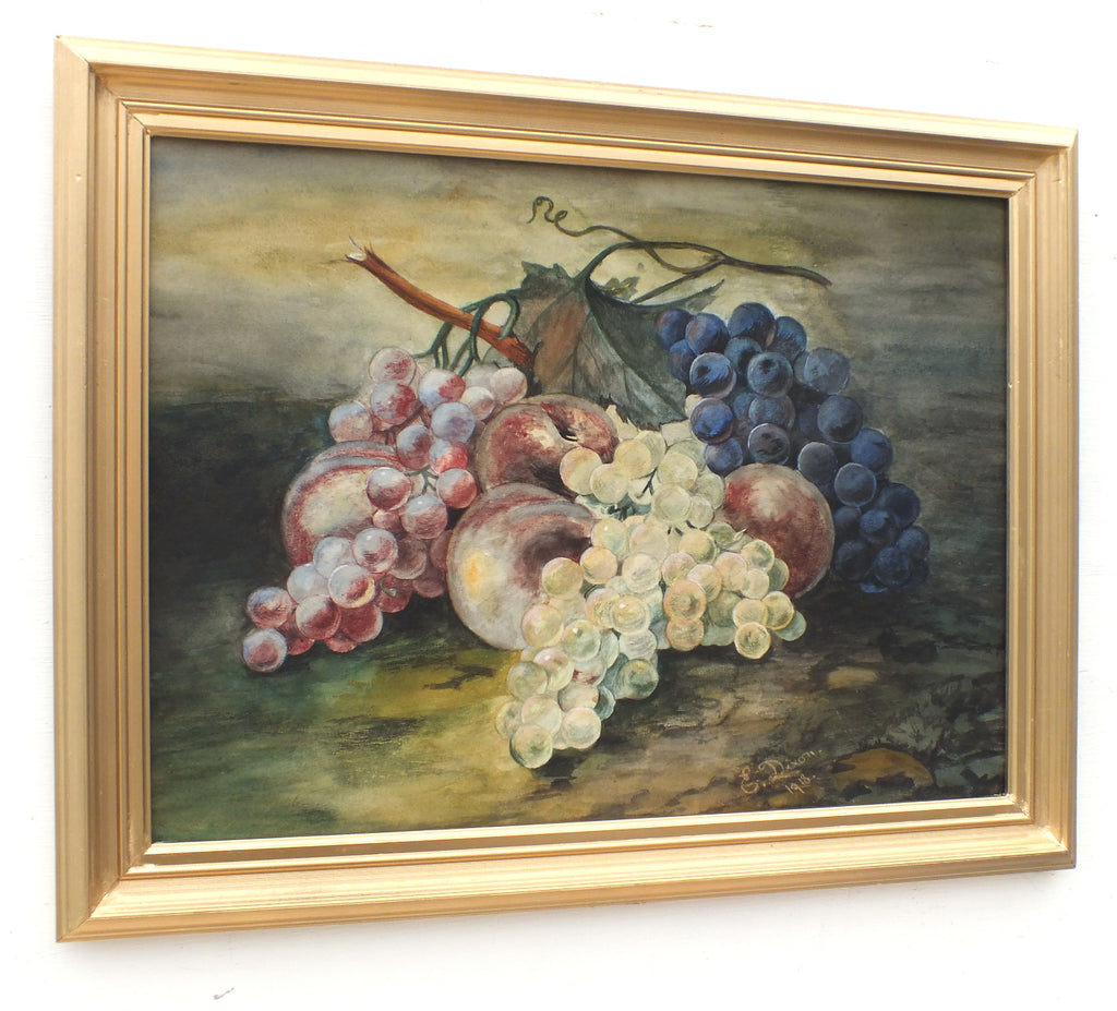 Grapes Peaches Antique Still Life Gouache Painting - GalleryThane.com