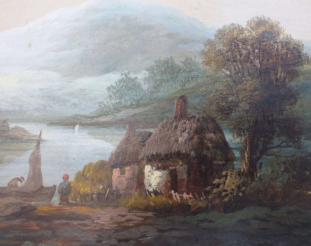 Victorian Oil Painting Antique Lakeside Cottage Scene - GalleryThane.com