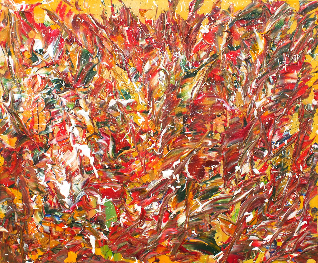 Abstract Painting, Tropical Decor, Red Gold Impasto Unframed - GalleryThane.com