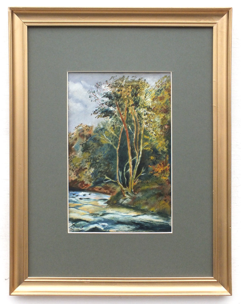 River Painting, English Forest Landscape, Framed Original Gouache - GalleryThane.com