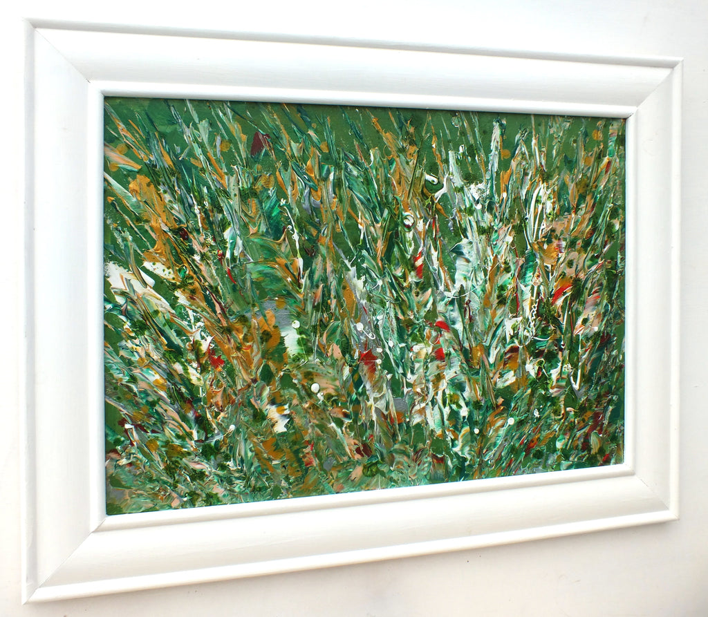 Abstract Painting, Tropical Decor, Green Gold Impasto Framed - GalleryThane.com