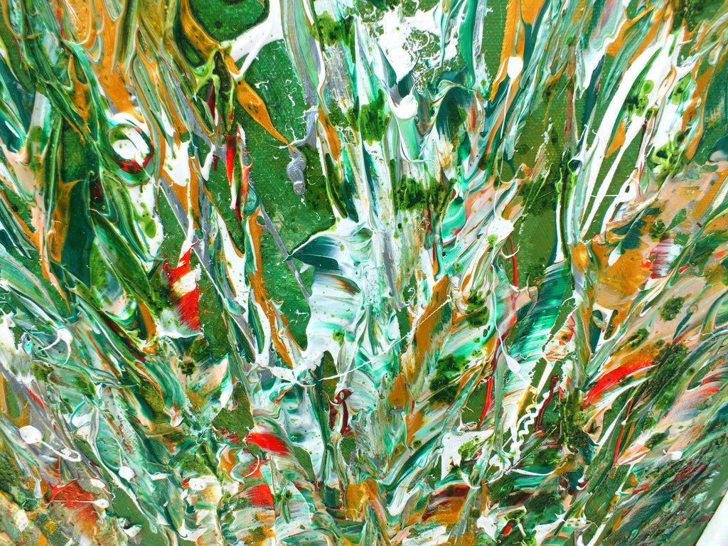 Abstract Painting, Tropical Decor, Green Gold Impasto Framed - GalleryThane.com