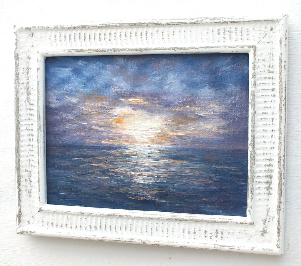Cornwall Coastal Sunset Oil Painting, Framed Miniature