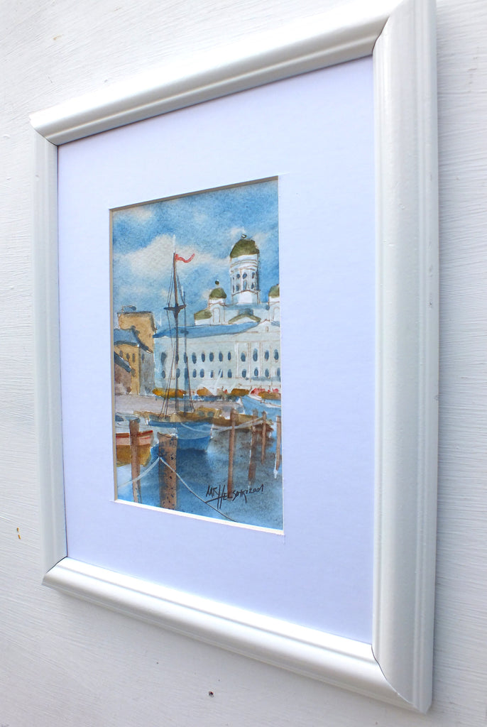 Helsinki Harbour Watercolor Nautical Sailing Boats Painting Framed - GalleryThane.com
