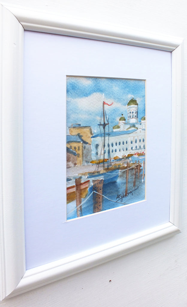 Helsinki Harbour Watercolor Nautical Sailing Boats Painting Framed - GalleryThane.com