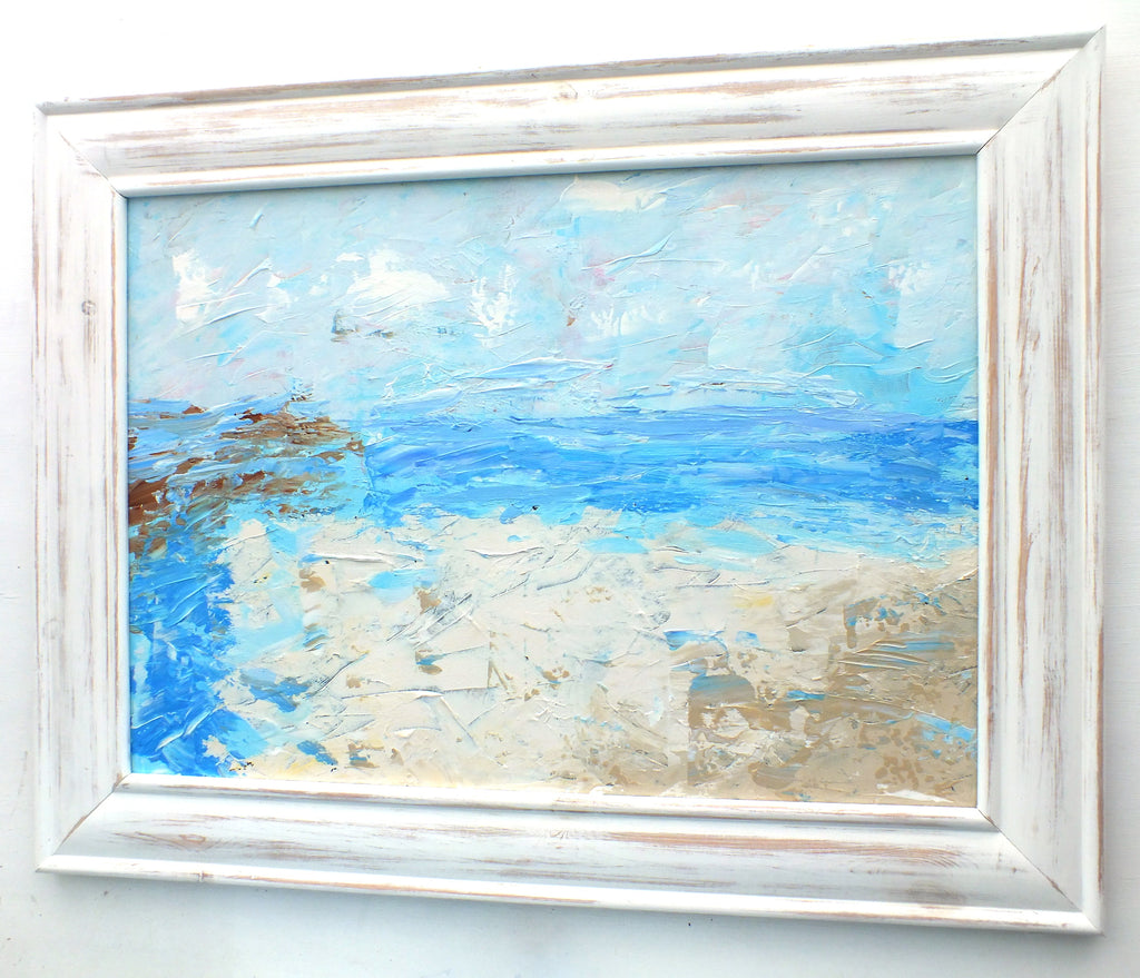 Abstract Beach Painting, Ocean Seascape, Impasto Framed - GalleryThane.com