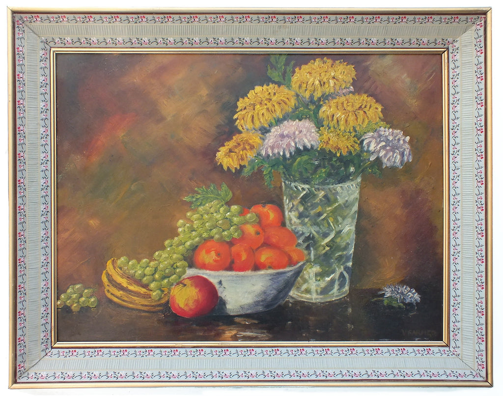 Fruit Flowers Still Life Vintage Oil Painting Signed Framed - GalleryThane.com