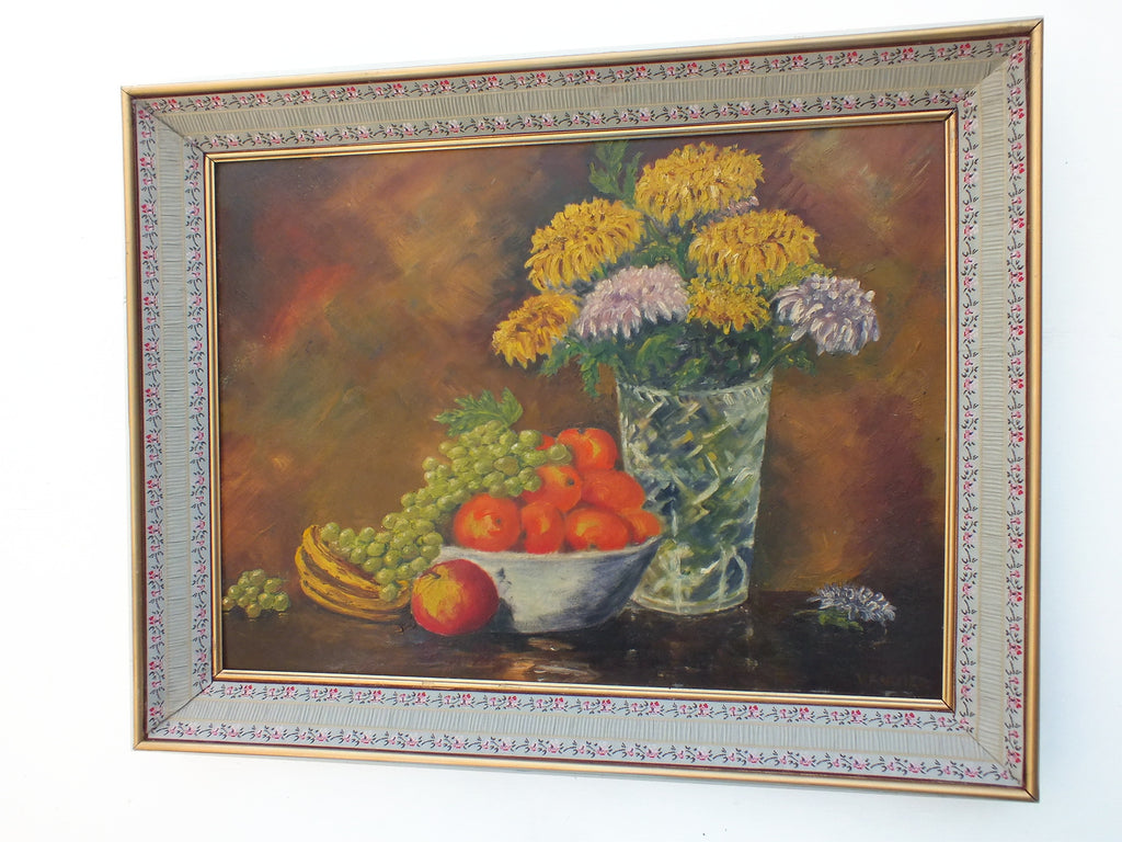 Fruit Flowers Still Life Vintage Oil Painting Signed Framed - GalleryThane.com