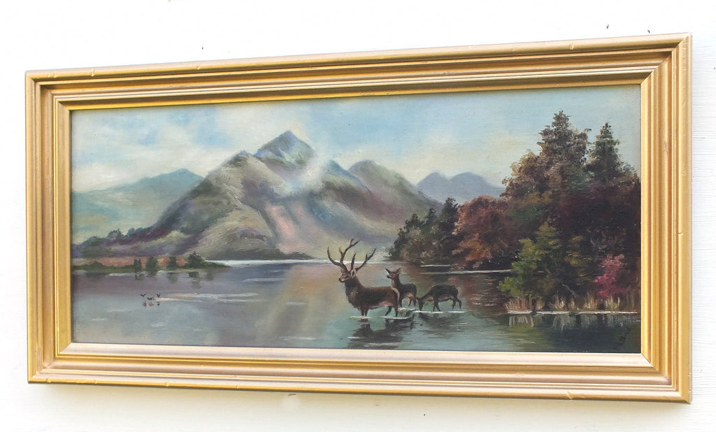 Wildlife Painting, Deer, Original Lake Mountain Oil Painting - GalleryThane.com