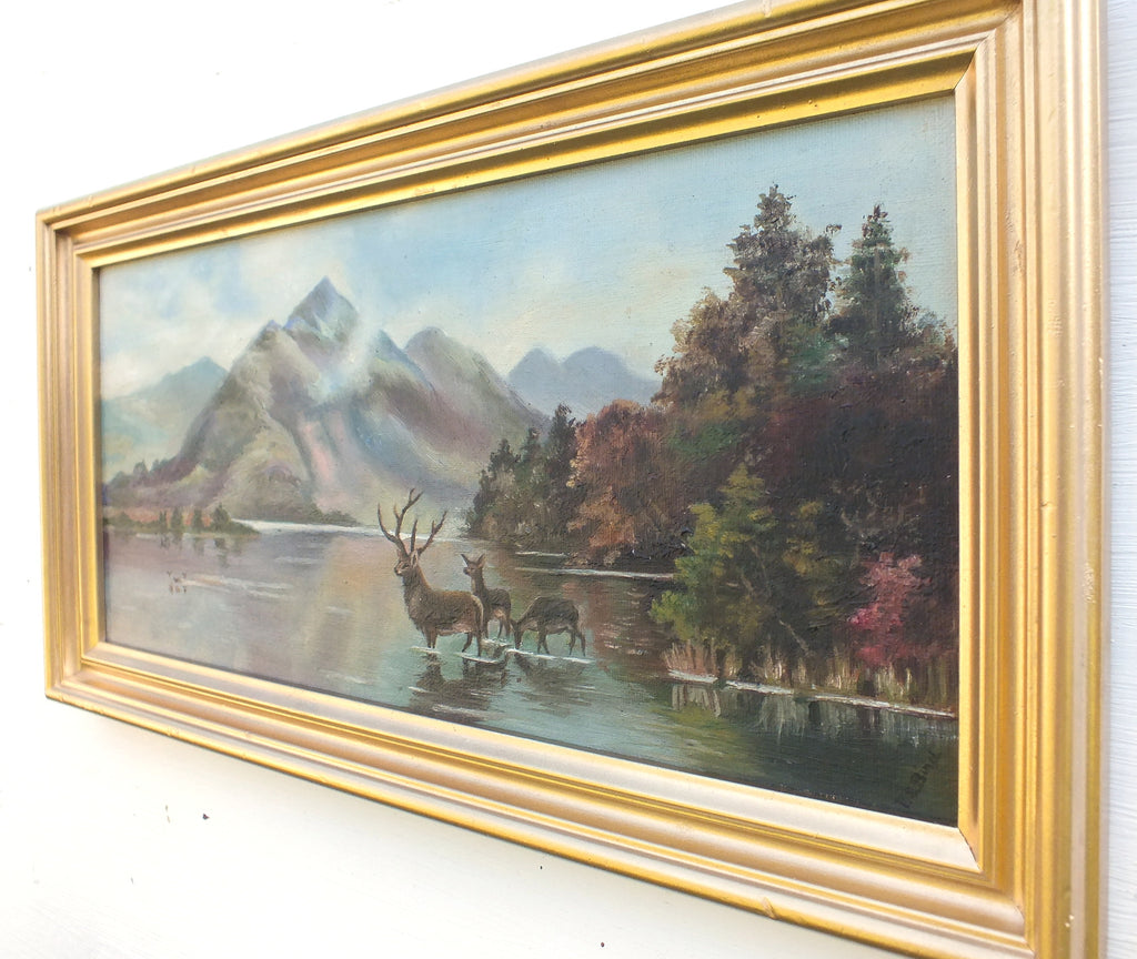 Wildlife Painting, Deer, Original Lake Mountain Oil Painting - GalleryThane.com