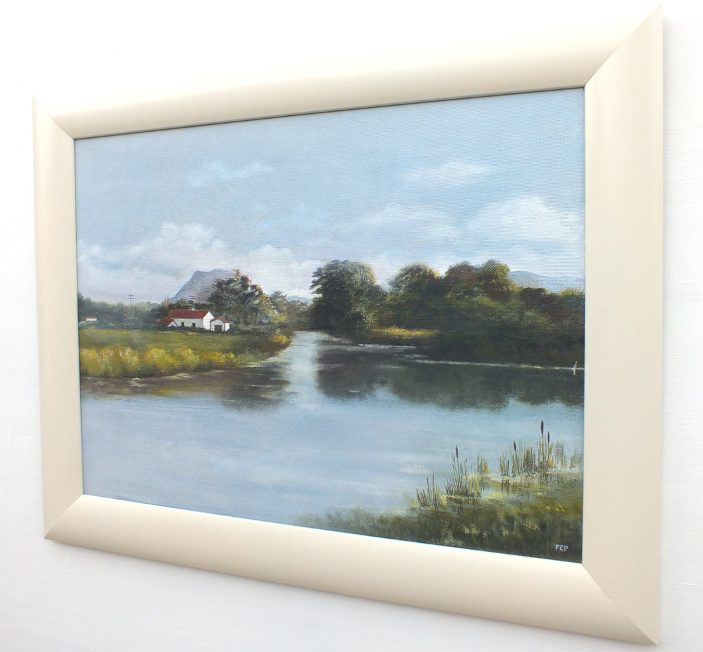 English Country Landscape River Oil Painting, Framed