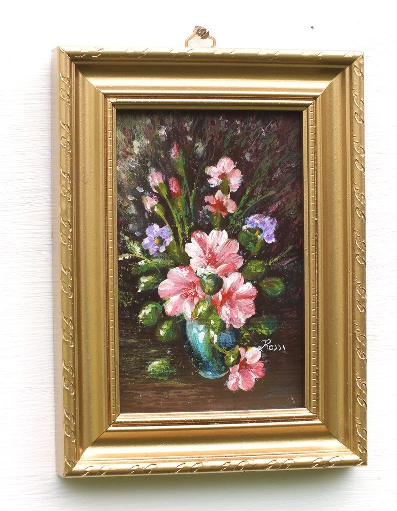 Pink Petunias Miniature Floral Oil Painting Framed